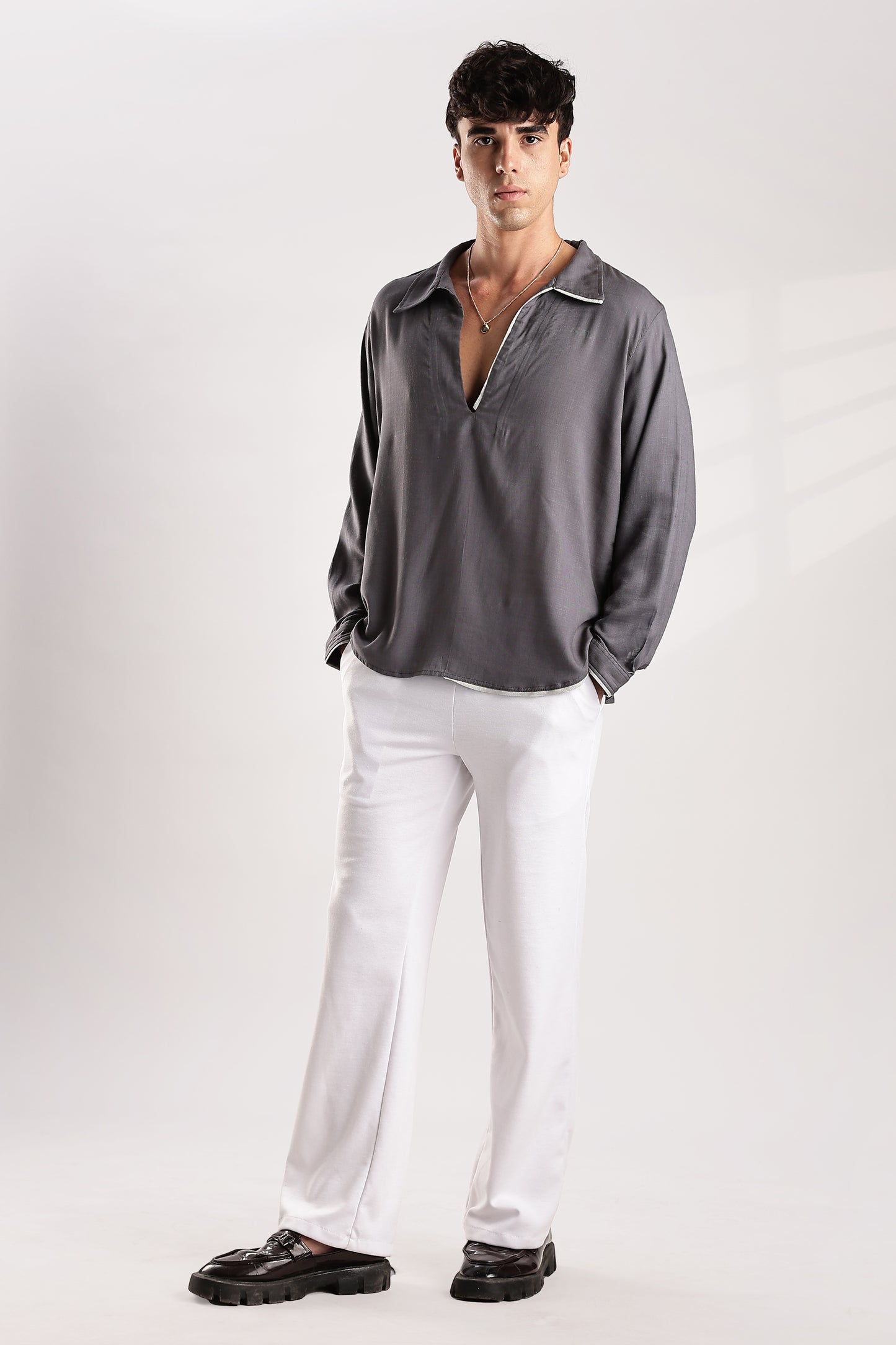 Flowy V Neck Wind Shirt 'Grey'