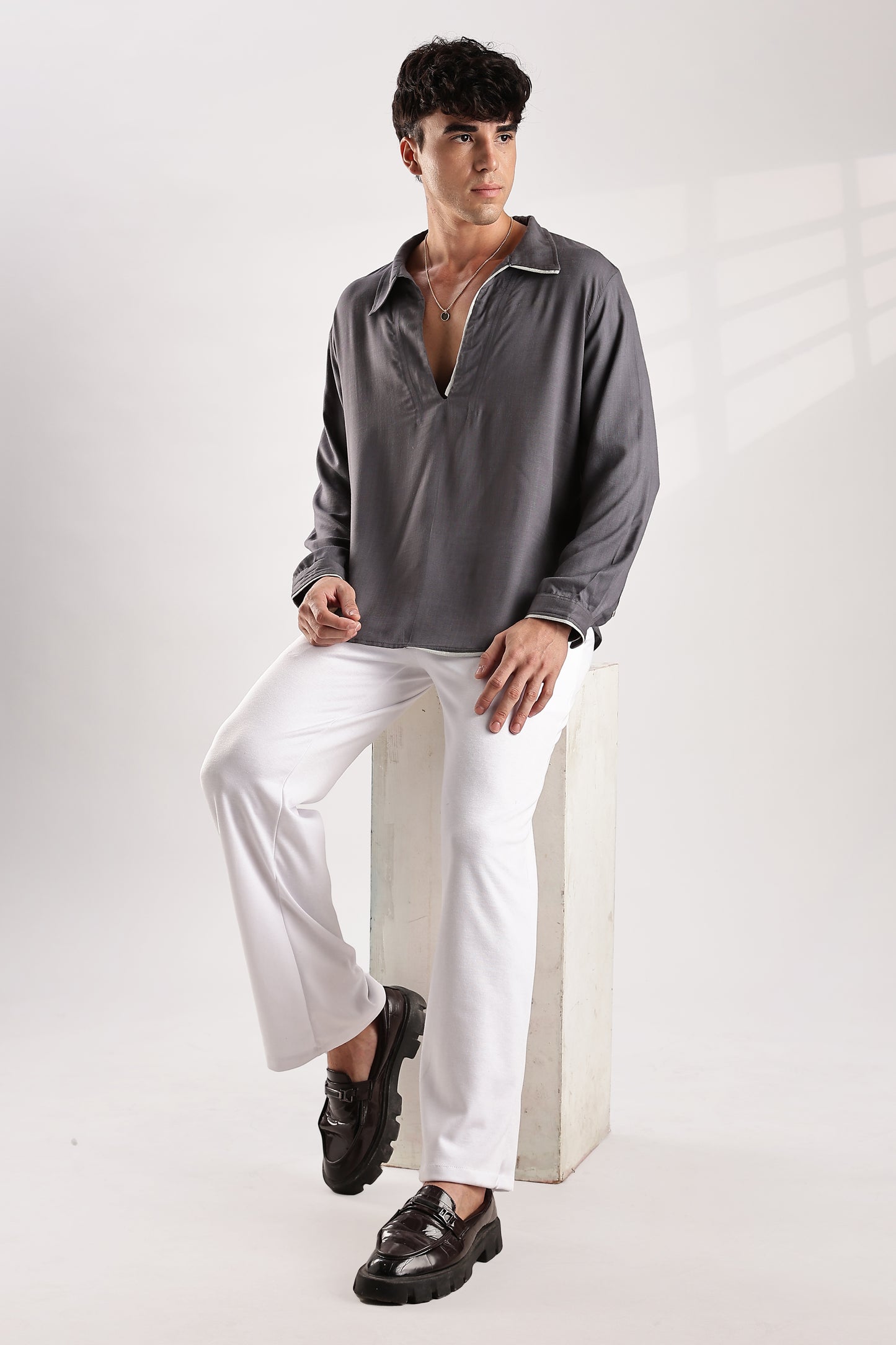 Flowy V Neck Wind Shirt 'Grey'