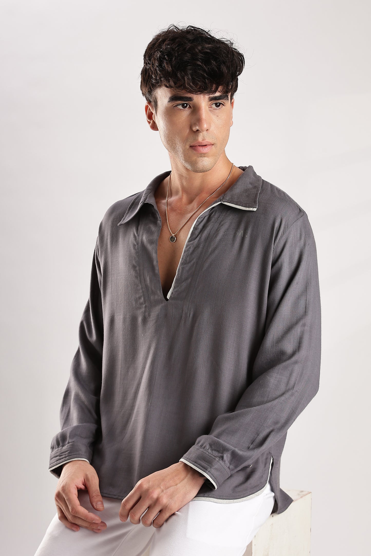 Flowy V Neck Wind Shirt 'Grey'