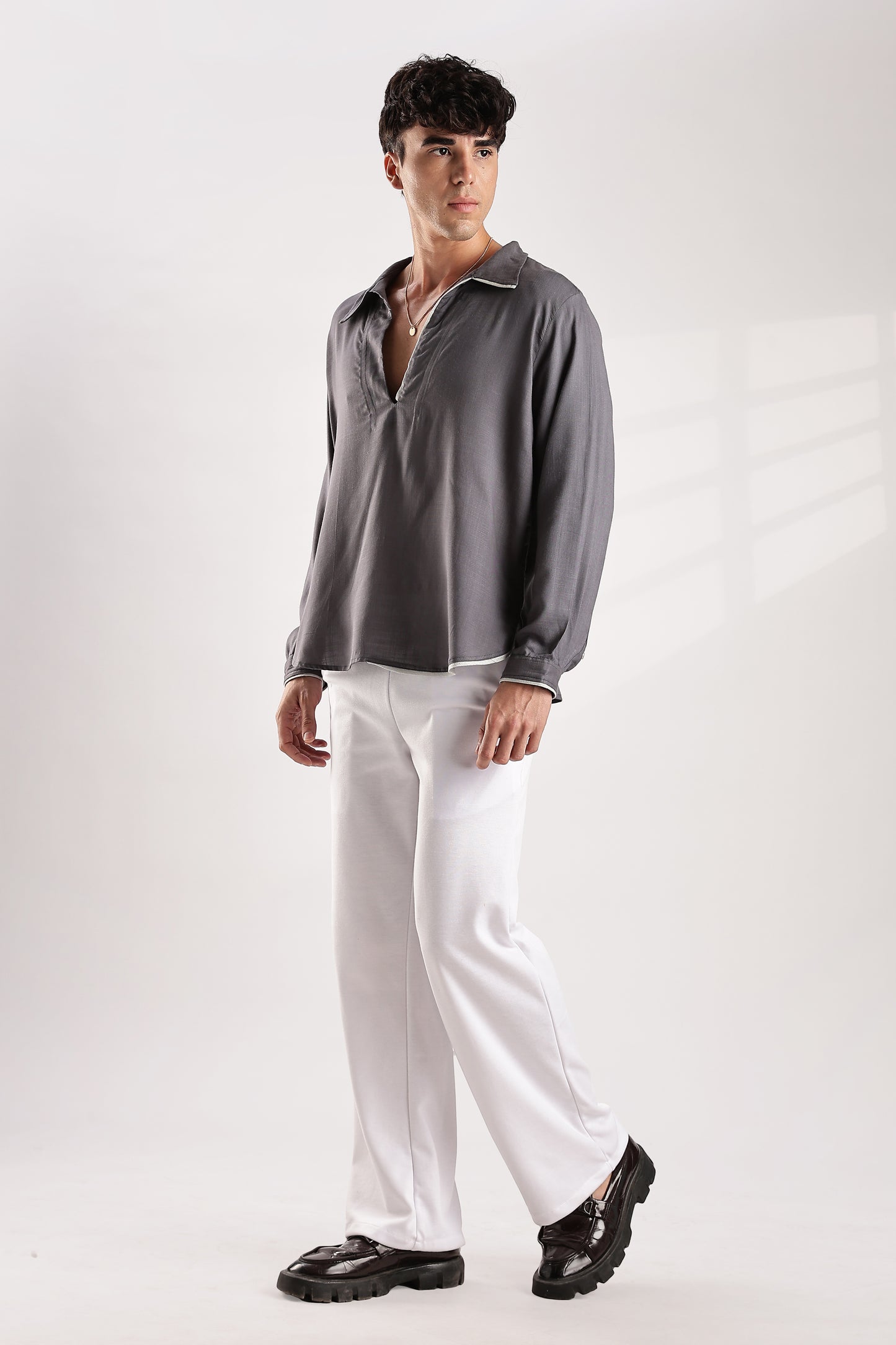 Flowy V Neck Wind Shirt 'Grey'