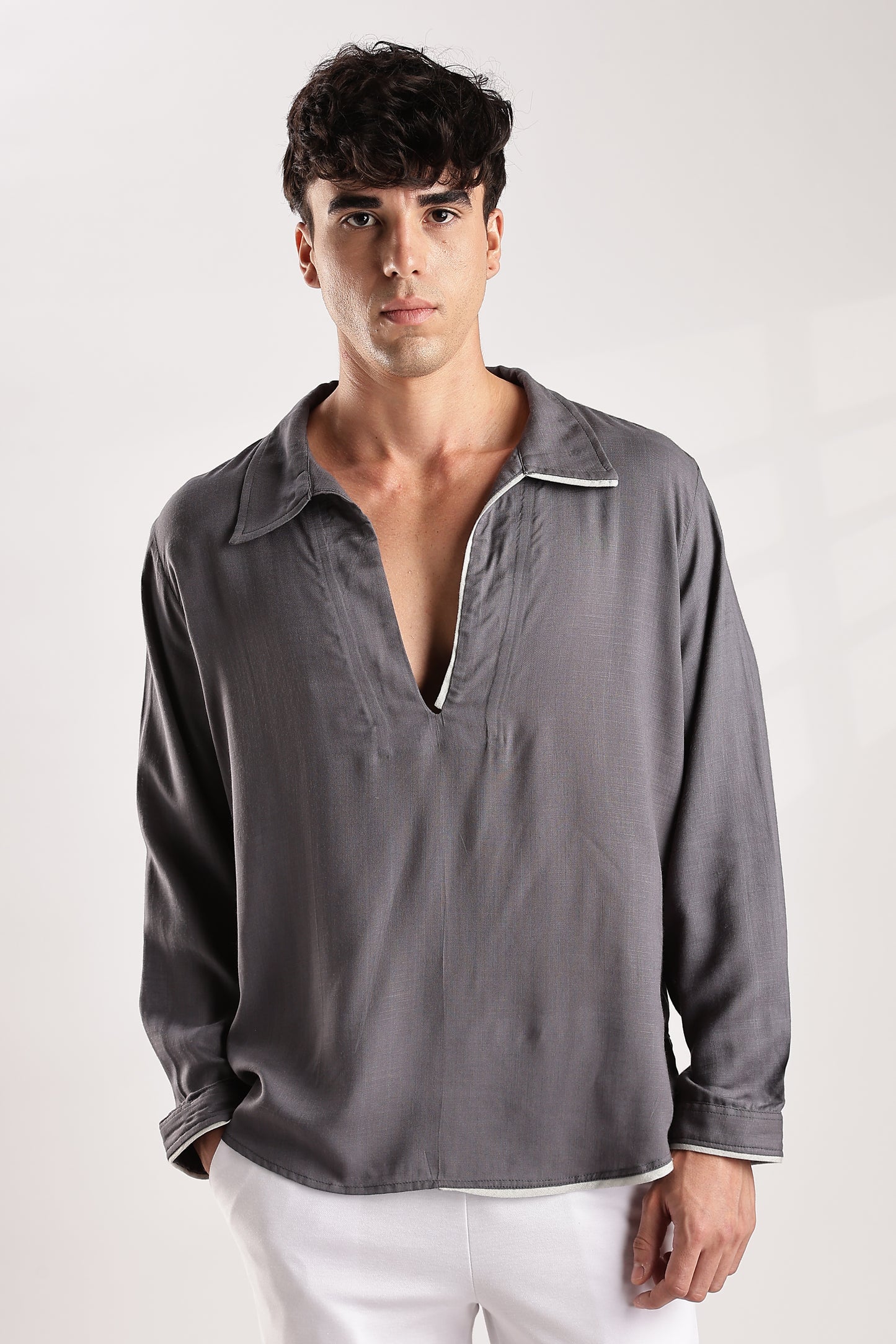 Flowy V Neck Wind Shirt 'Grey'