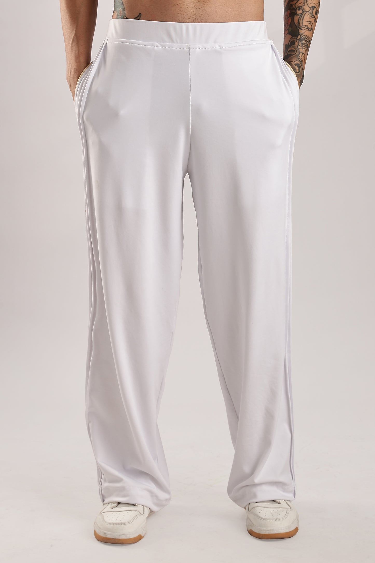 Self Design Tucks Pants - Super Soft Lycra 'White'