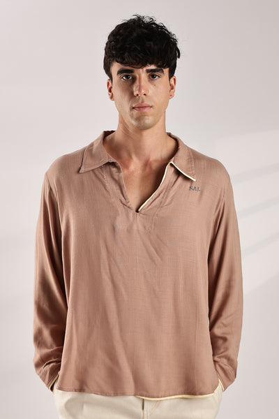 Flowy V Neck Wind Shirt 'Brown'