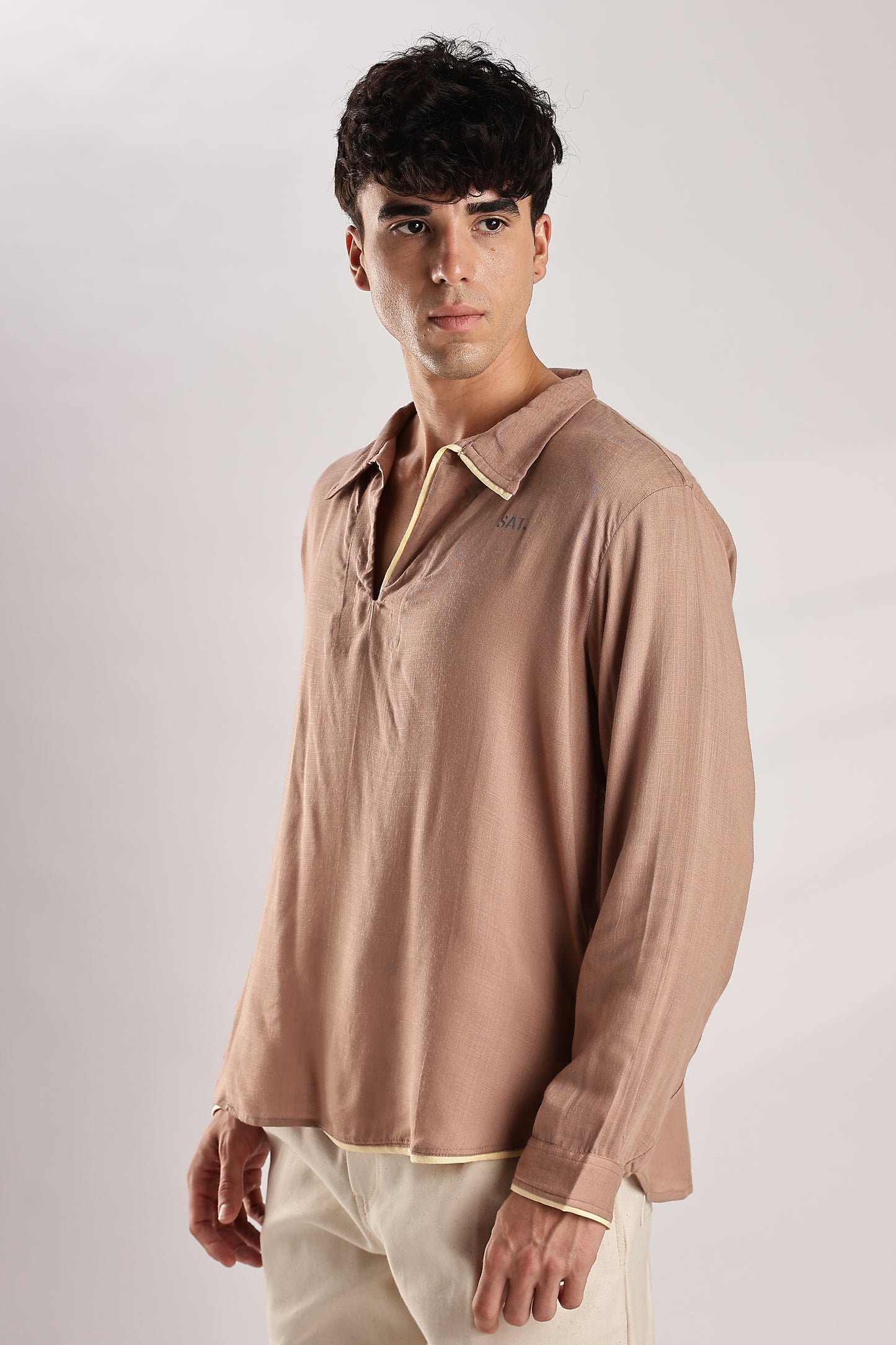 Flowy V Neck Wind Shirt 'Brown'