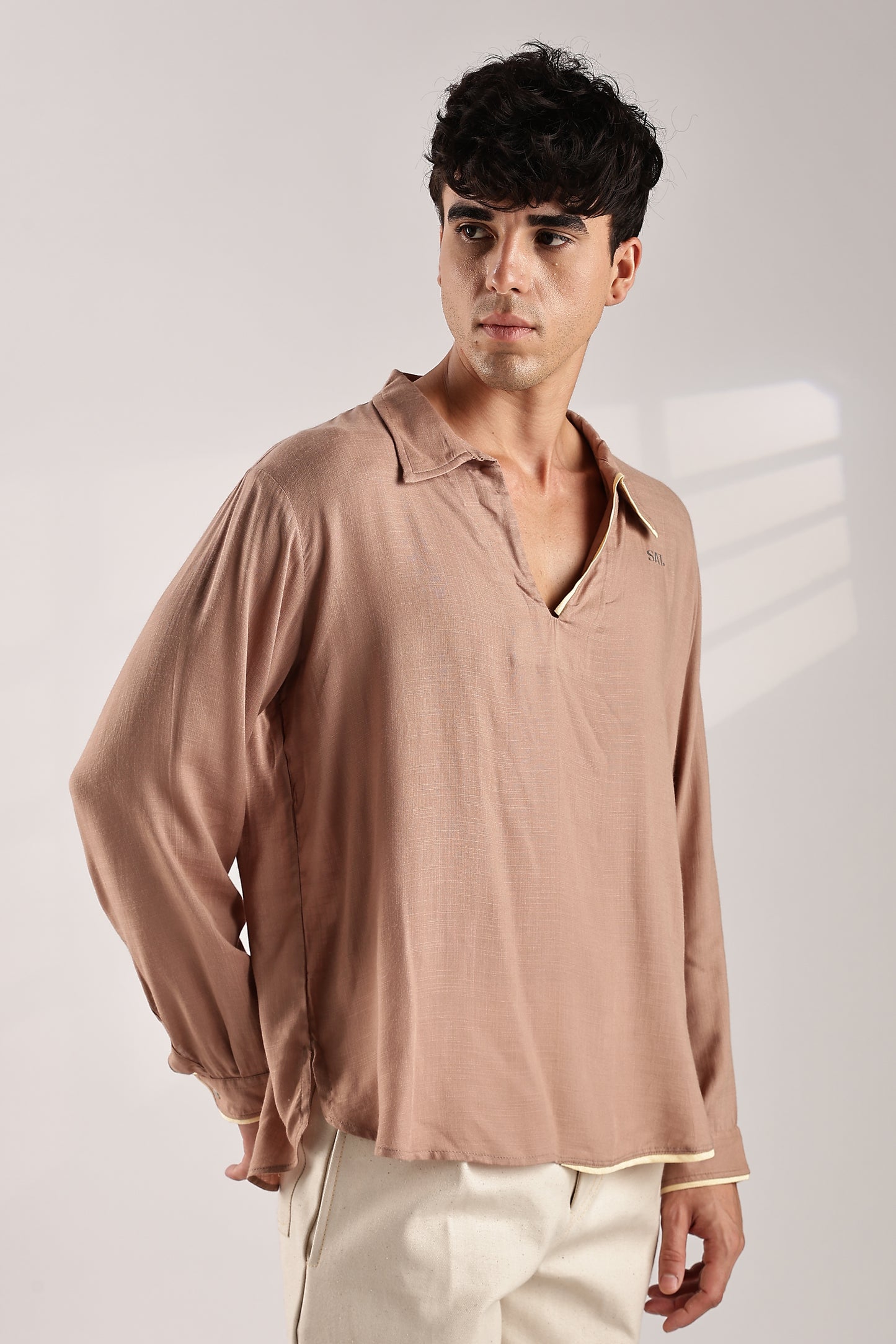 Flowy V Neck Wind Shirt 'Brown'