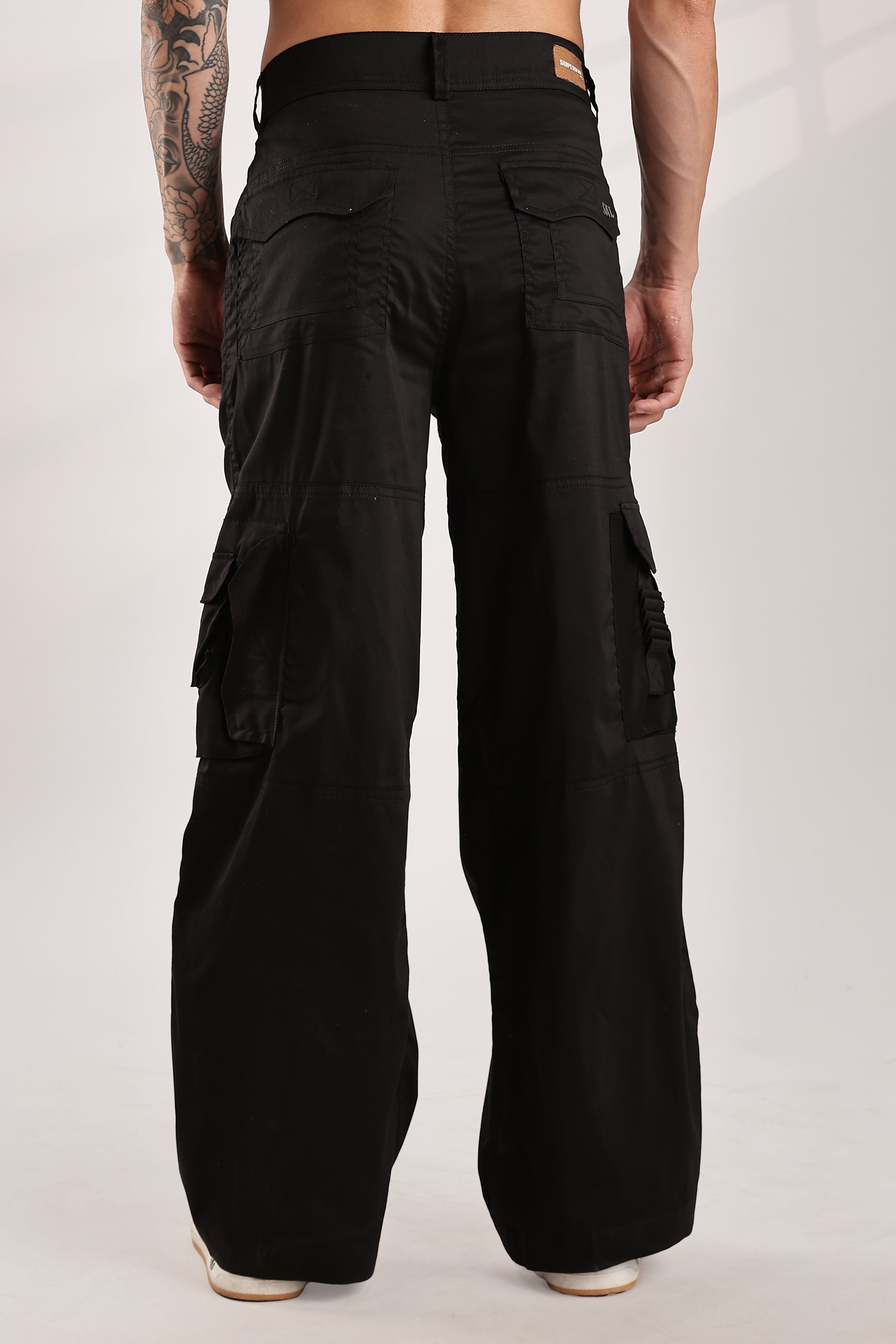 ★TRILLION★ Cotton Fertig Work Cargo Wide Pants BLACK TRSPT Black Jumbo Wide-Leg Cotton-Blend Ripstop Cargo Trousers