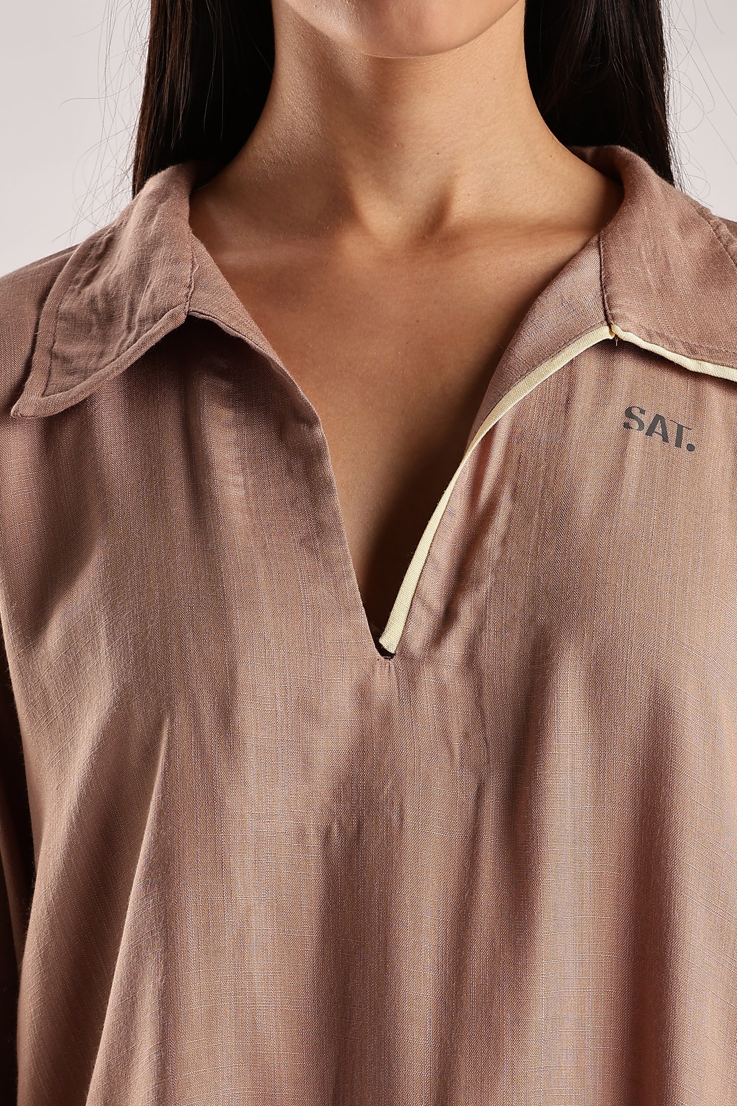 Flowy V Neck Wind Shirt 'Brown'