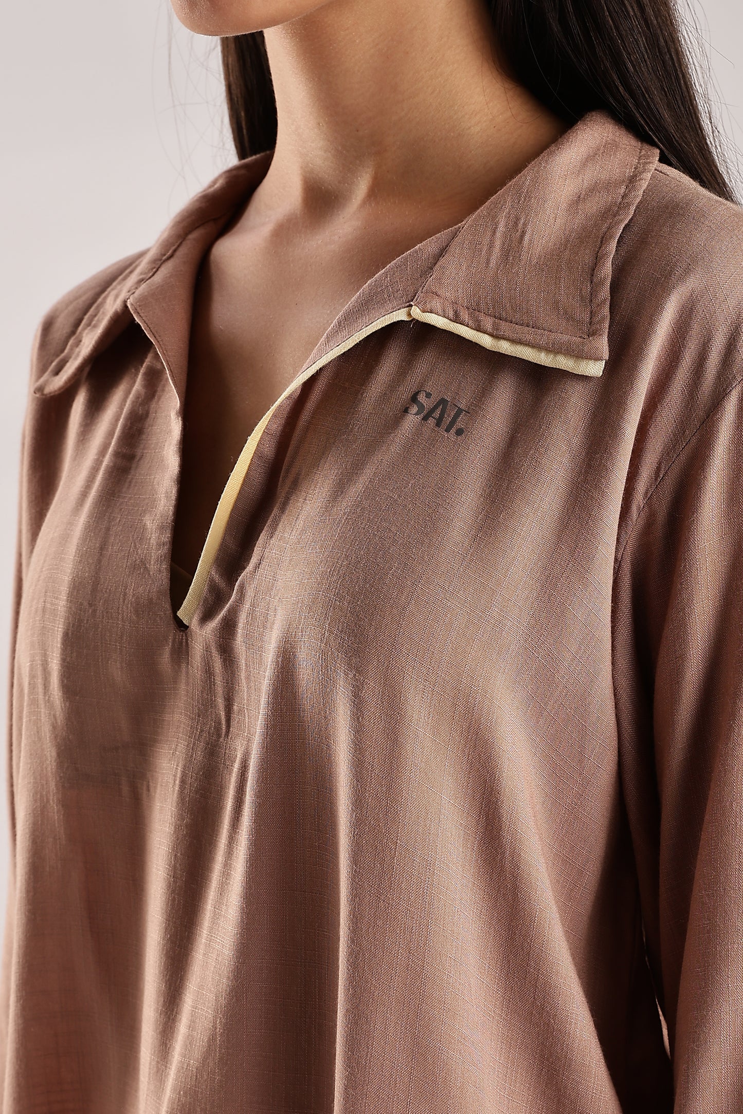 Flowy V Neck Wind Shirt 'Brown'
