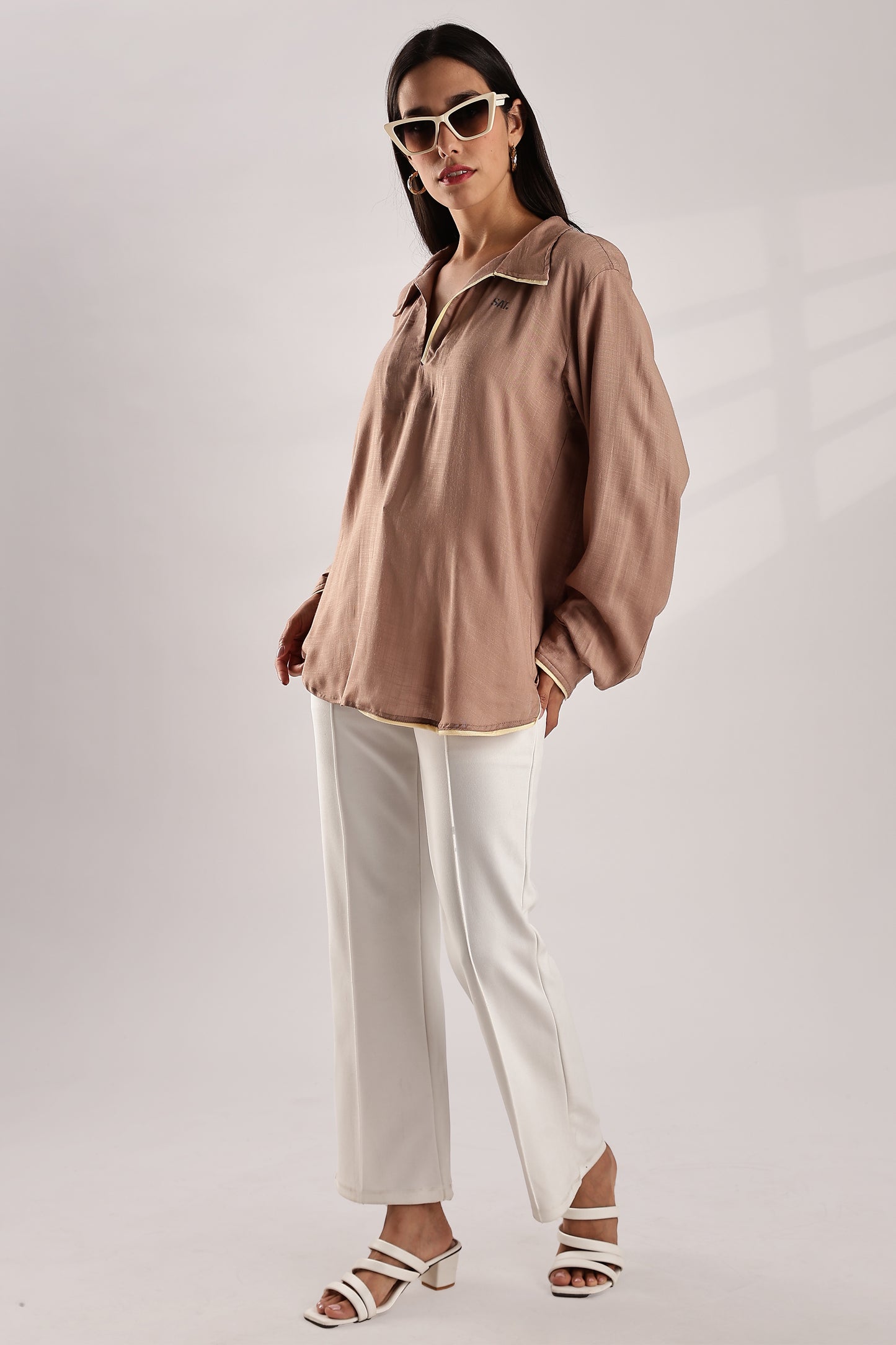 Flowy V Neck Wind Shirt 'Brown'