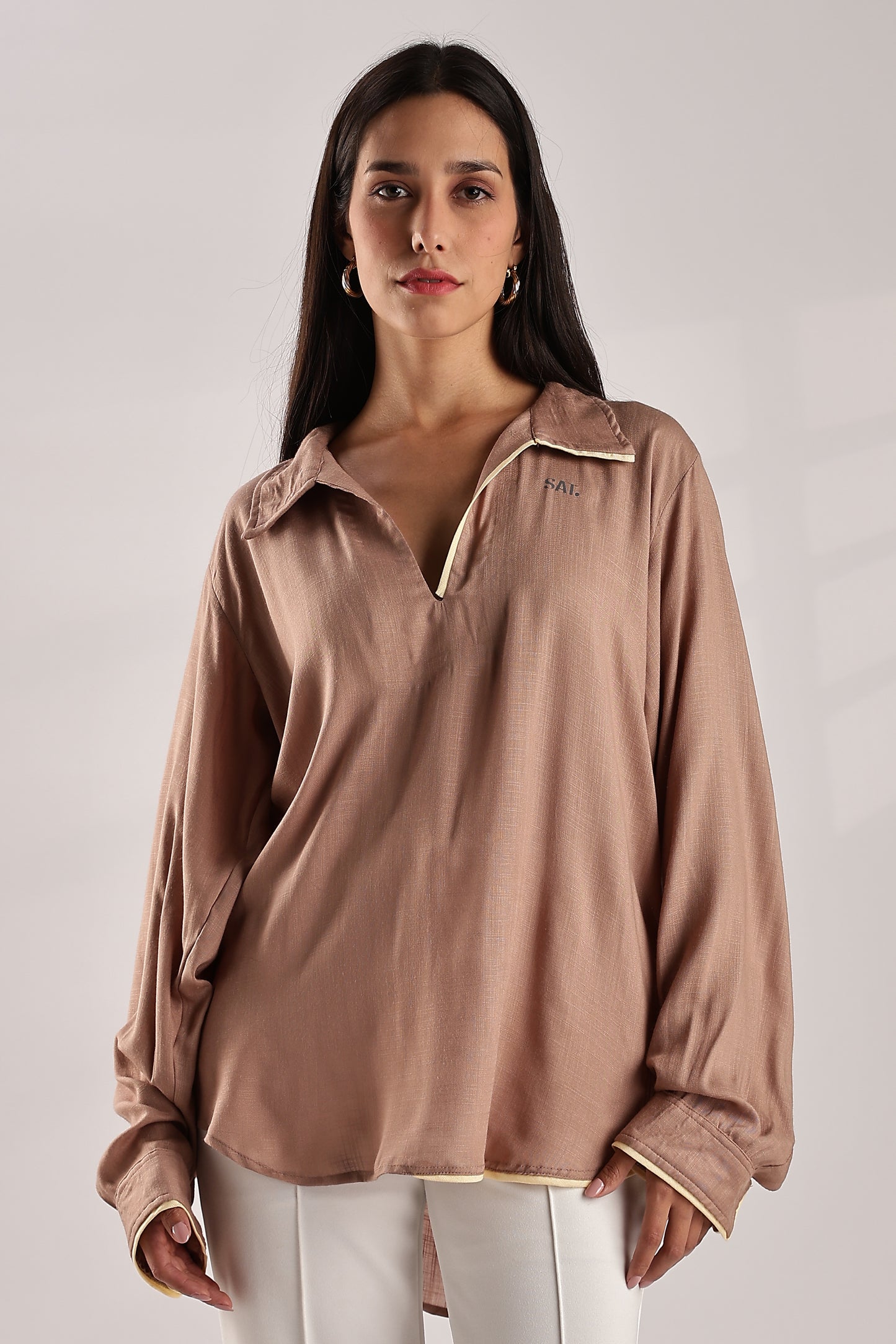 Flowy V Neck Wind Shirt 'Brown'