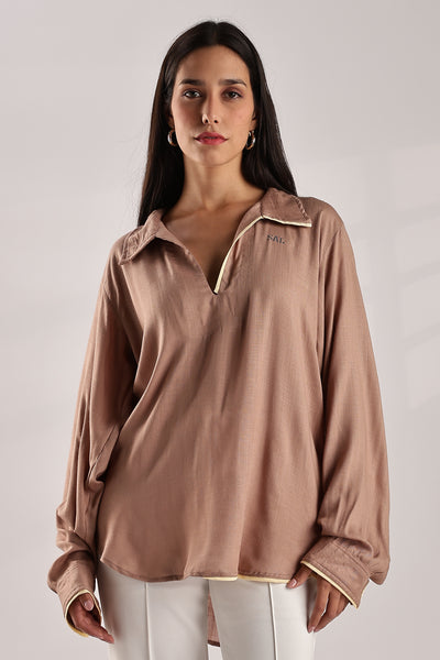 Flowy V Neck Wind Shirt 'Brown'
