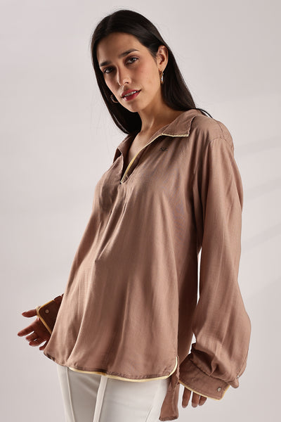 Flowy V Neck Wind Shirt 'Brown'