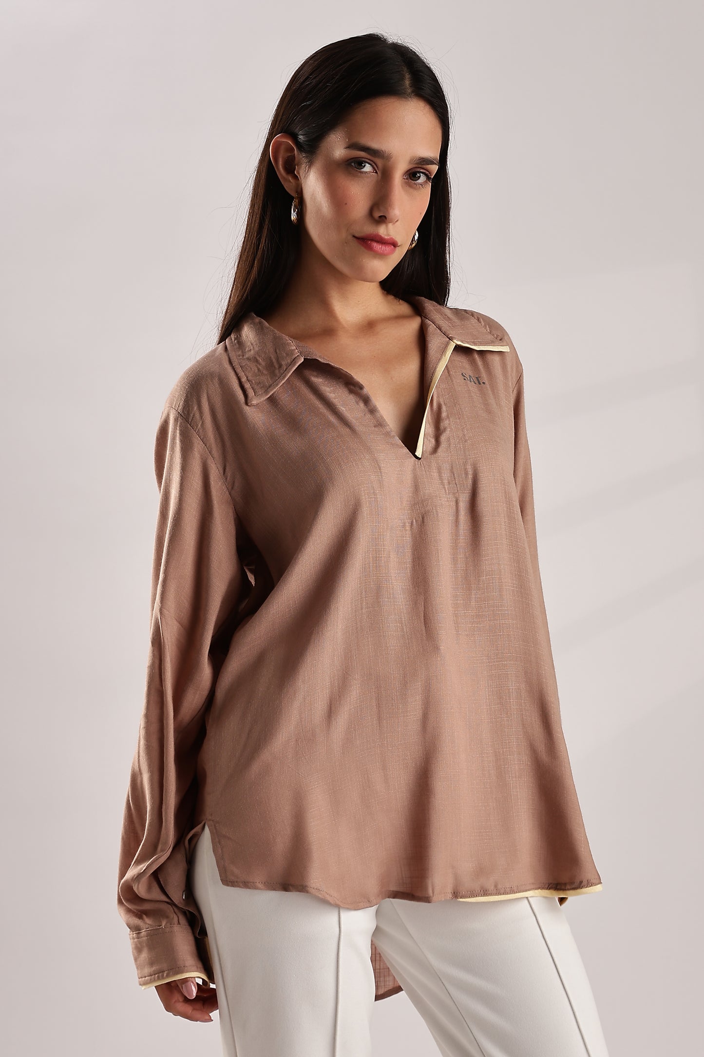 Flowy V Neck Wind Shirt 'Brown'