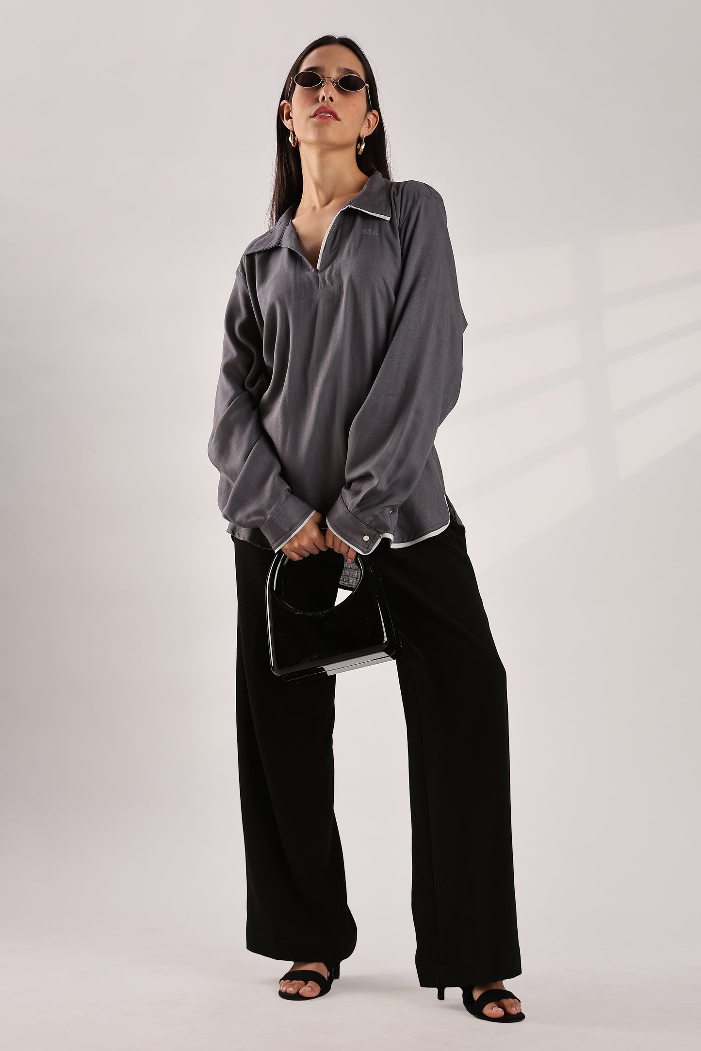 Flowy V Neck Wind Shirt 'Grey'