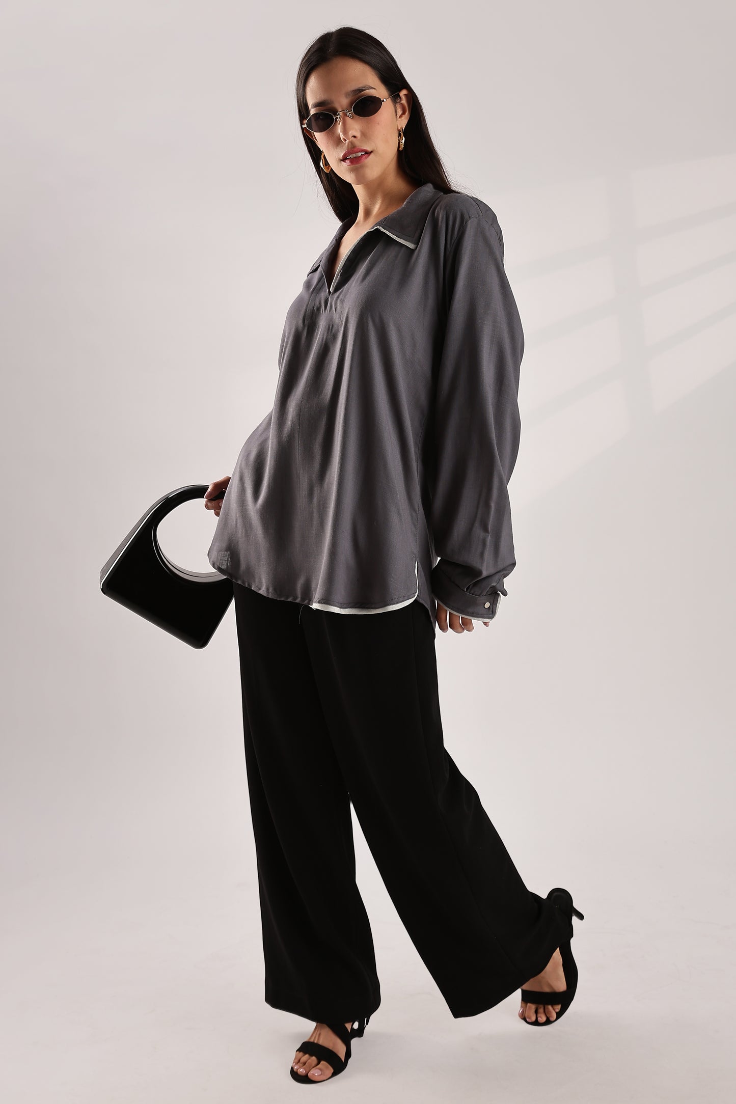 Flowy V Neck Wind Shirt 'Grey'