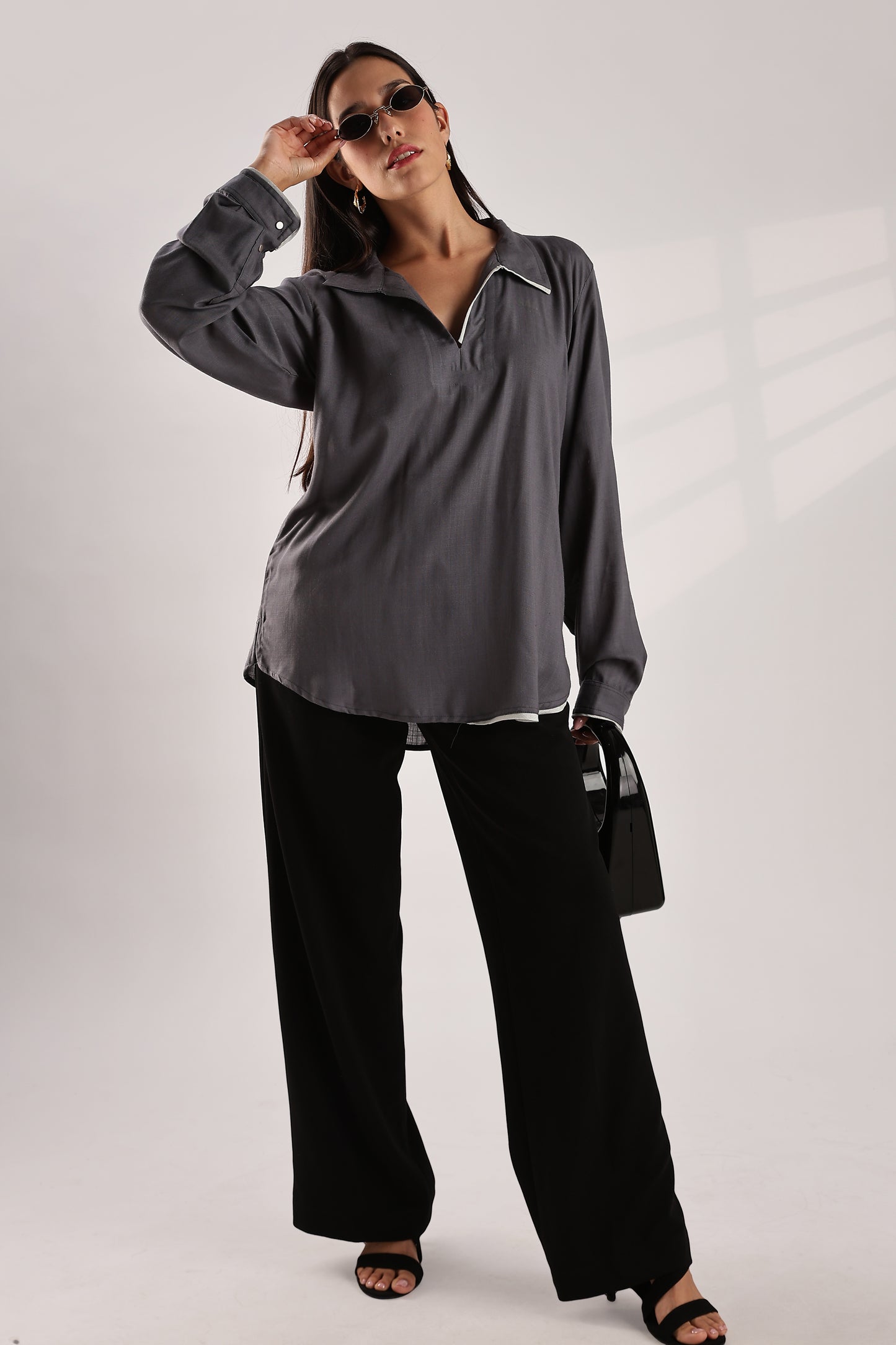 Flowy V Neck Wind Shirt 'Grey'