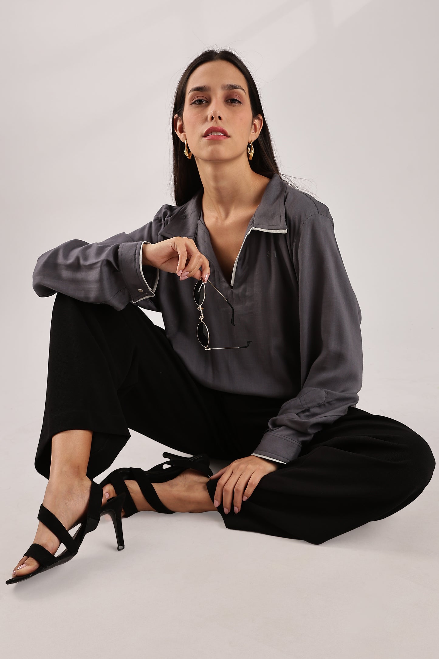 Flowy V Neck Wind Shirt 'Grey'