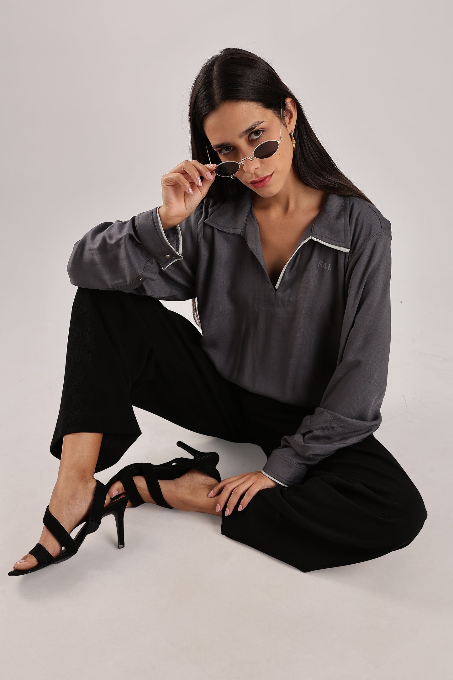 Flowy V Neck Wind Shirt 'Grey'