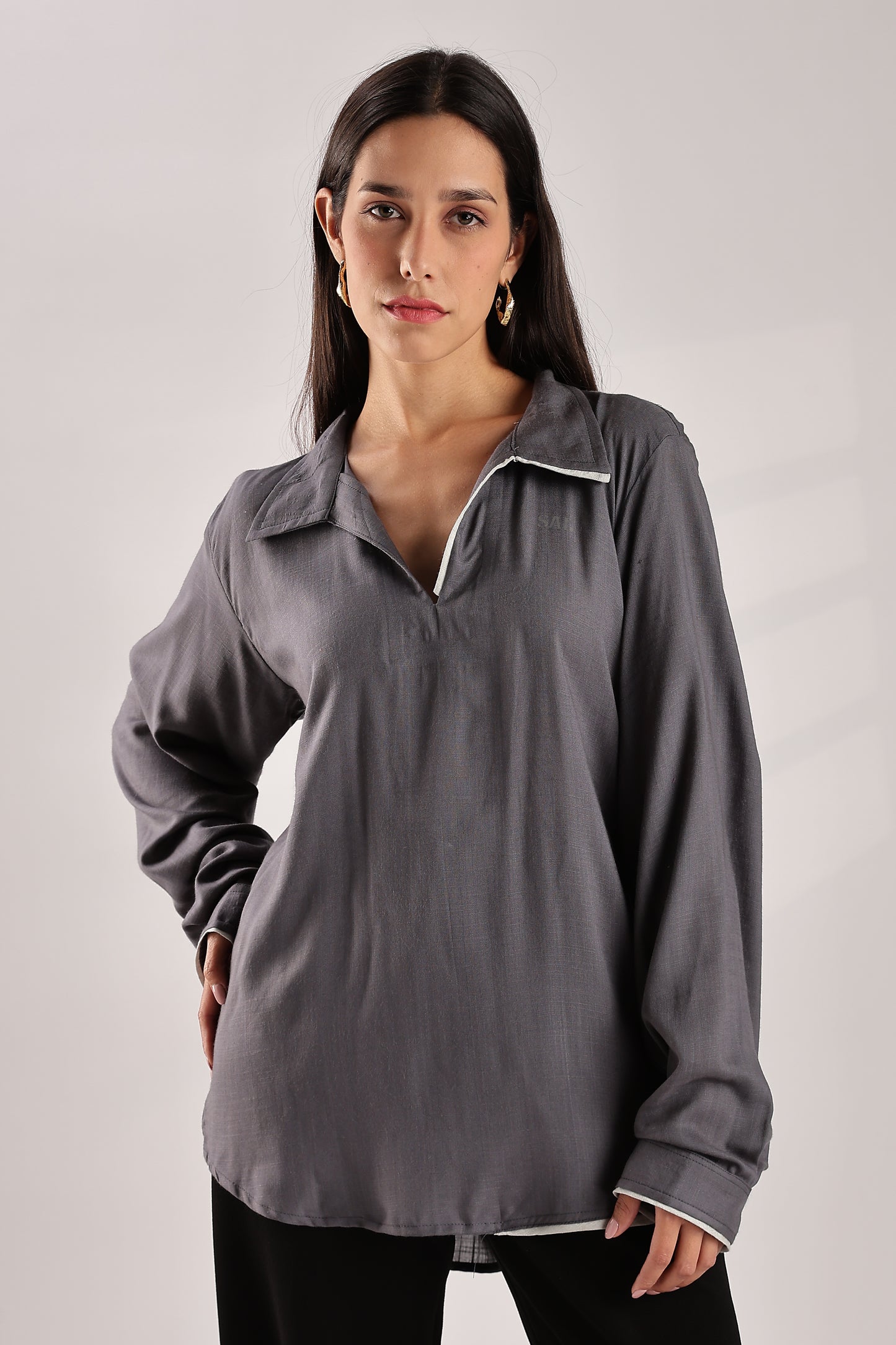 Flowy V Neck Wind Shirt 'Grey'
