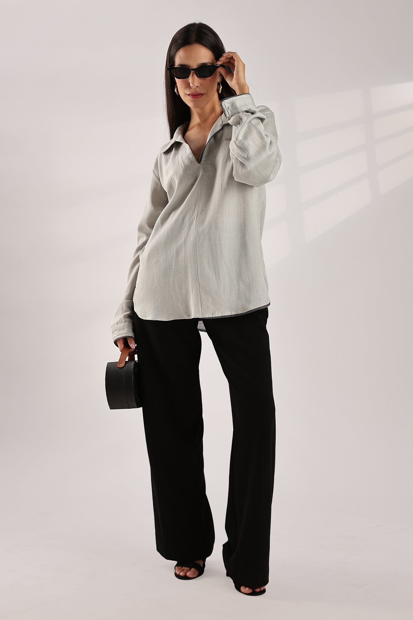 Flowy V Neck Wind Shirt 'Light Grey'