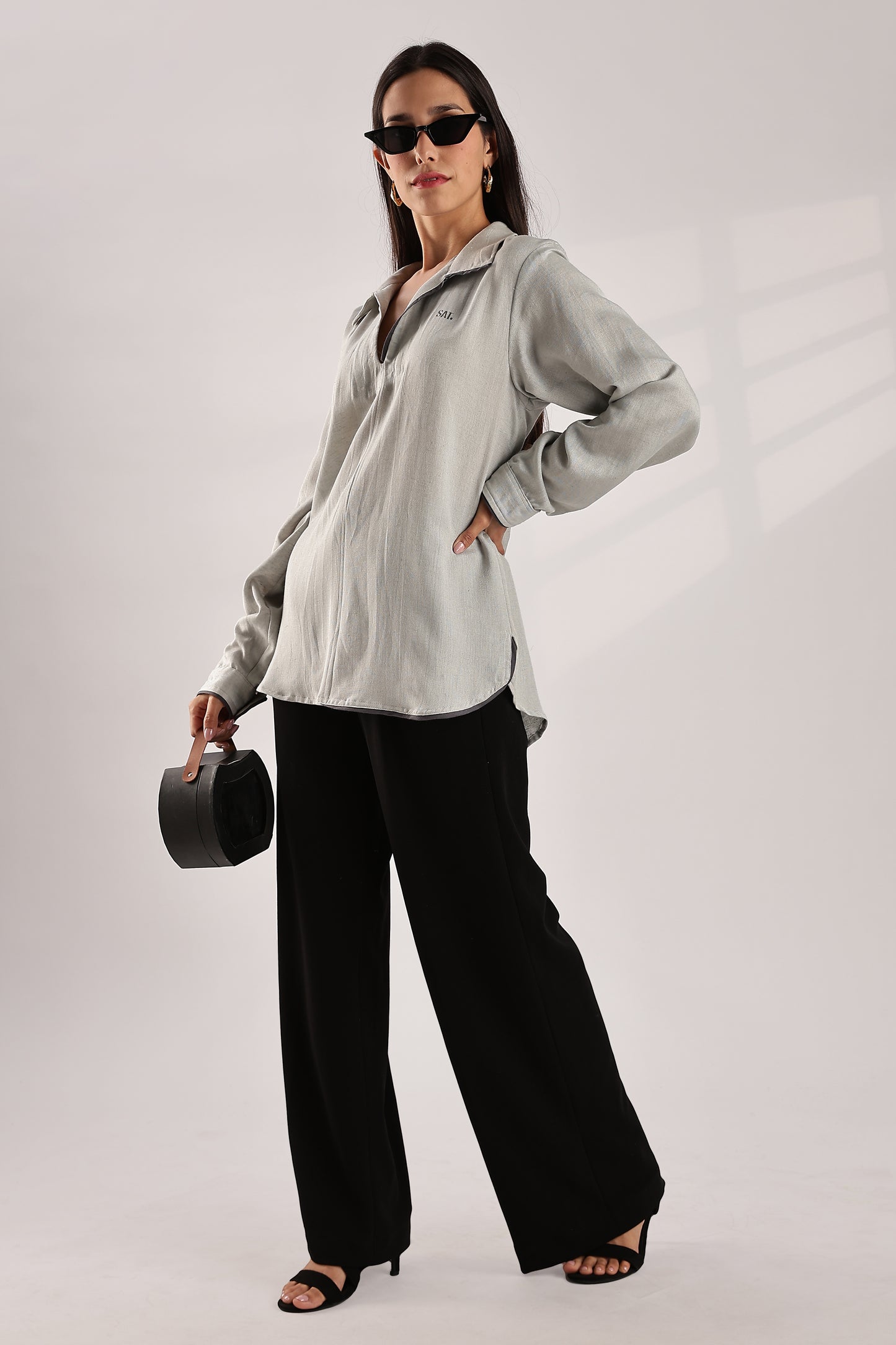 Flowy V Neck Wind Shirt 'Light Grey'