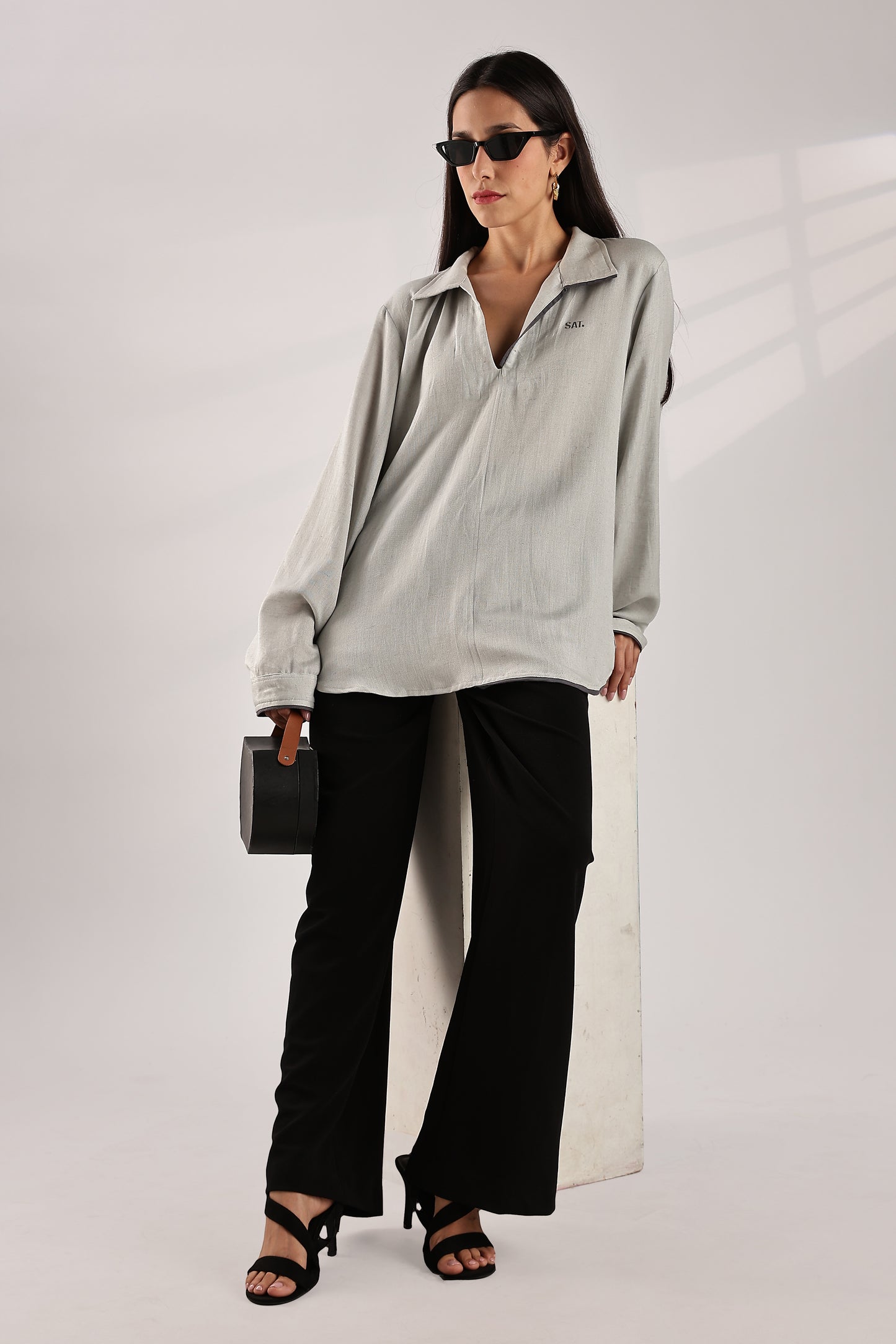 Flowy V Neck Wind Shirt 'Light Grey'