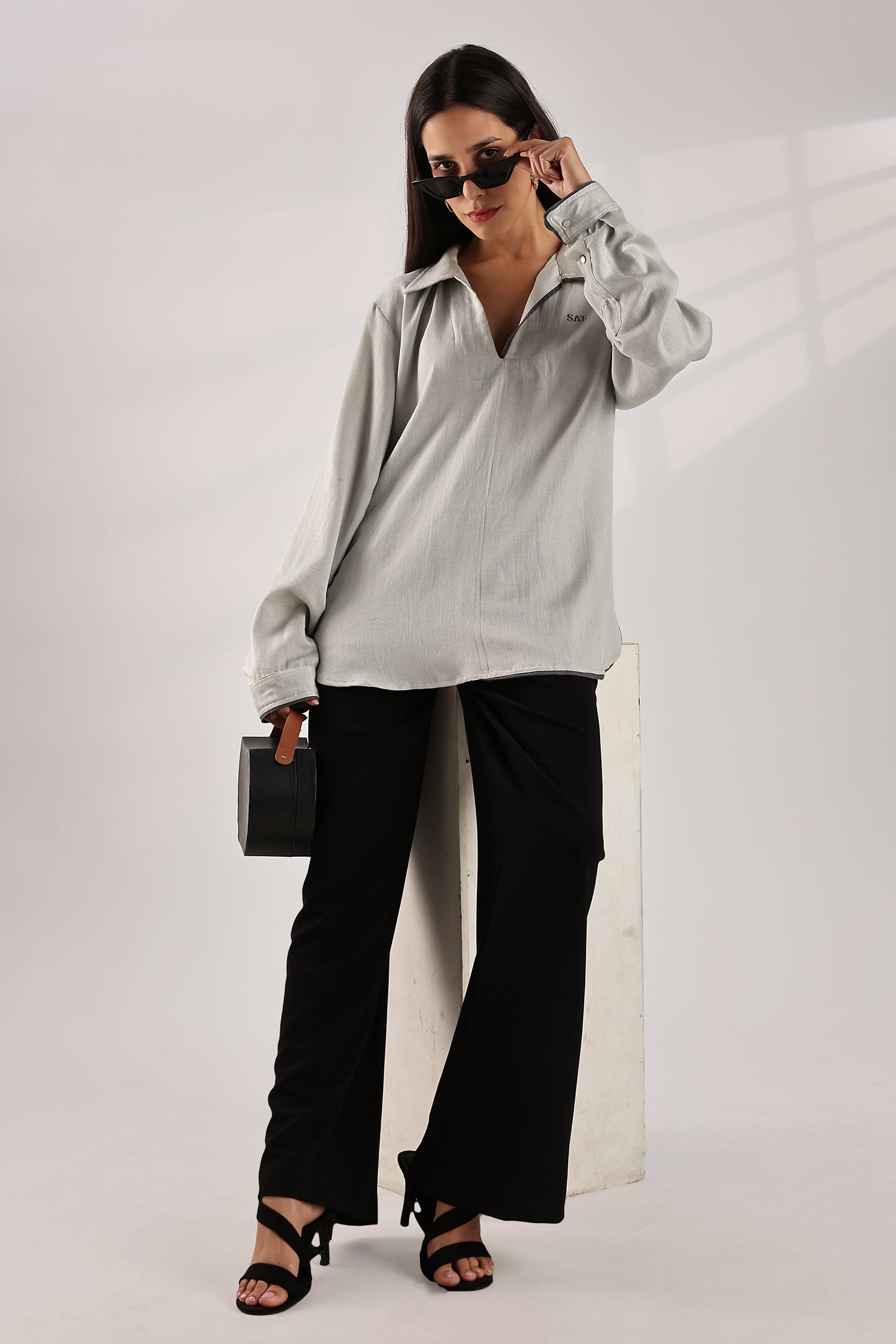 Flowy V Neck Wind Shirt 'Light Grey'
