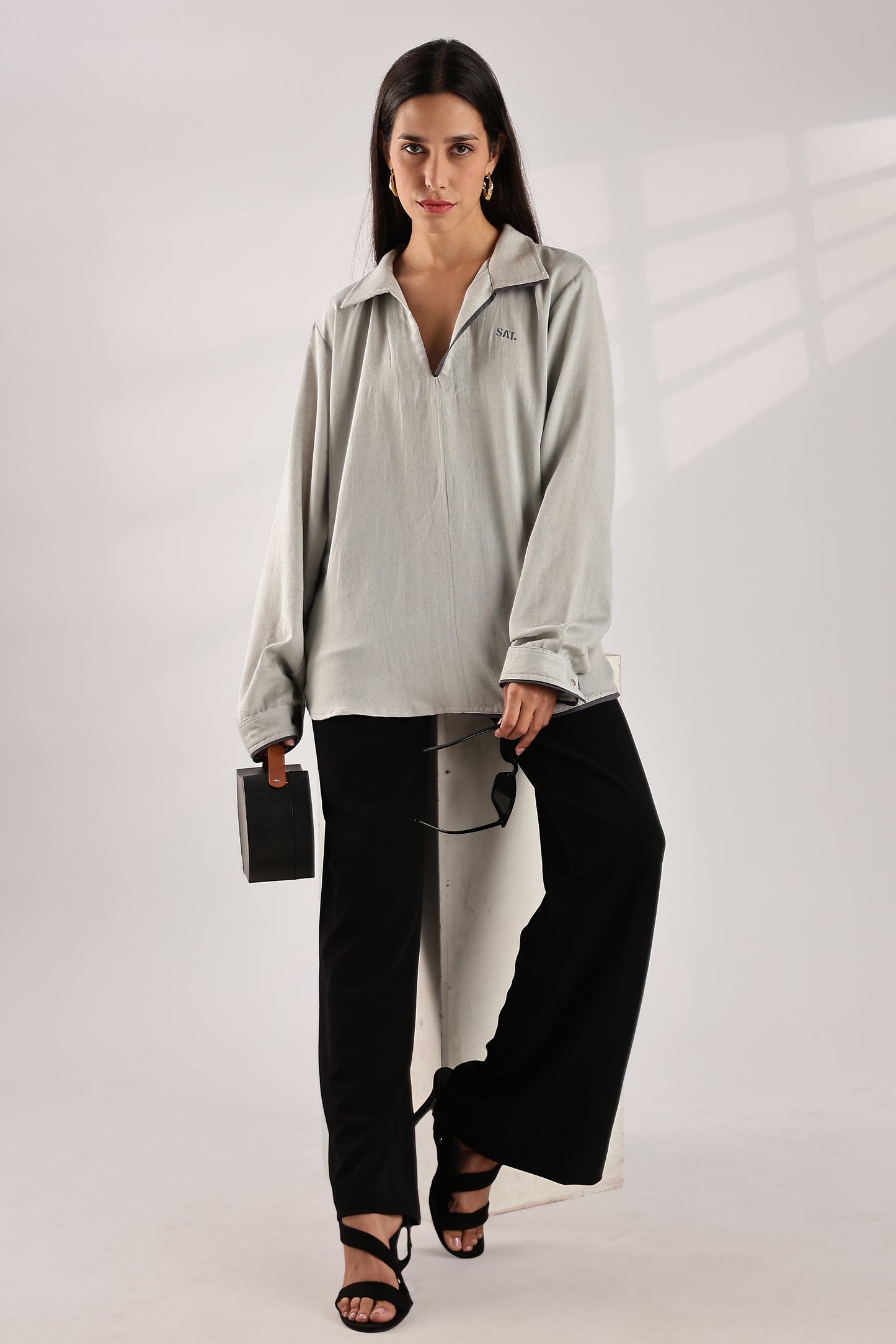 Flowy V Neck Wind Shirt 'Light Grey'