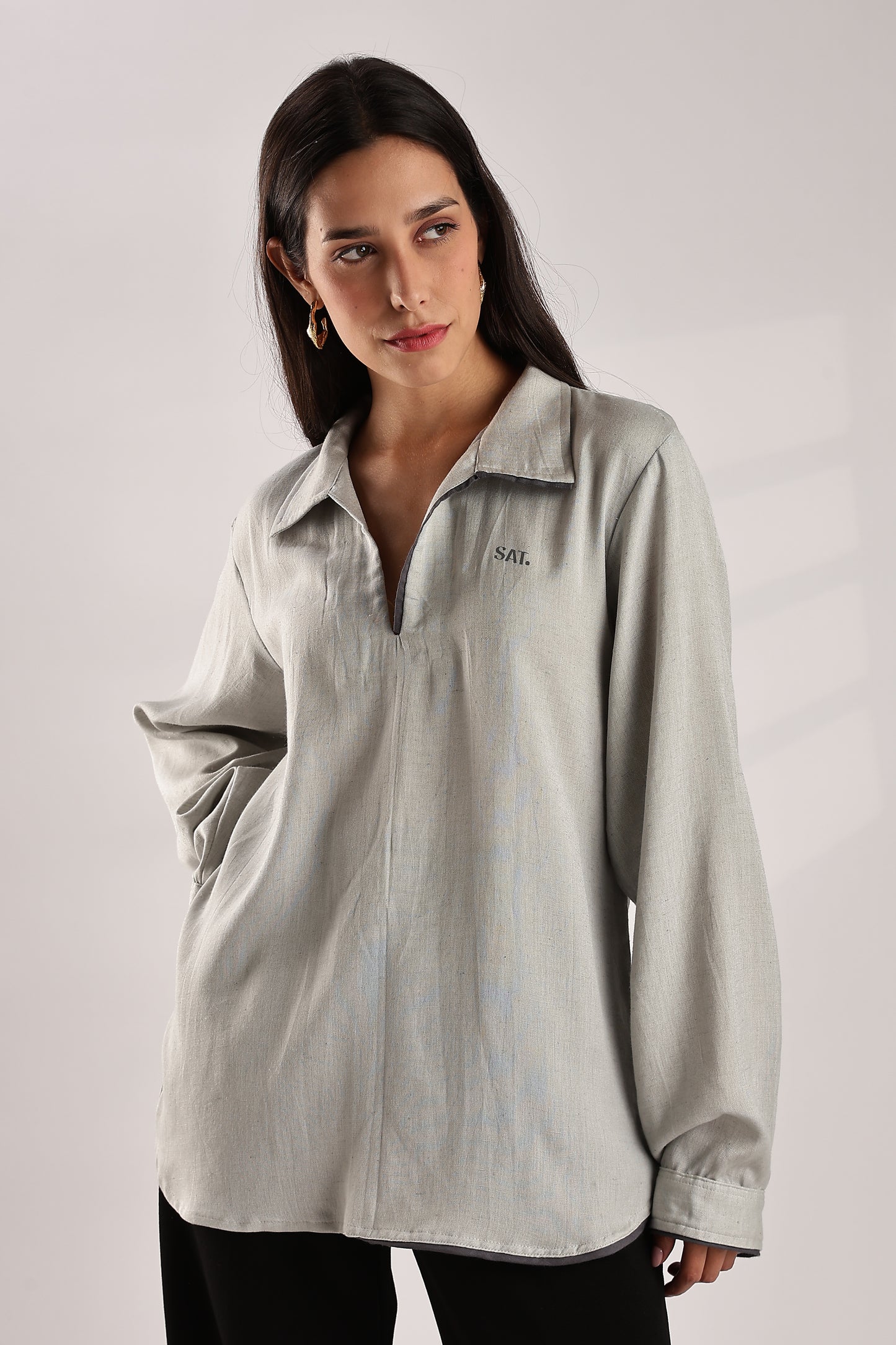 Flowy V Neck Wind Shirt 'Light Grey'