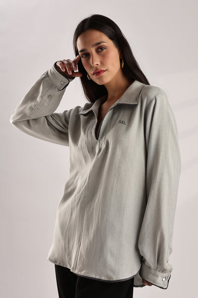 Flowy V Neck Wind Shirt 'Light Grey'