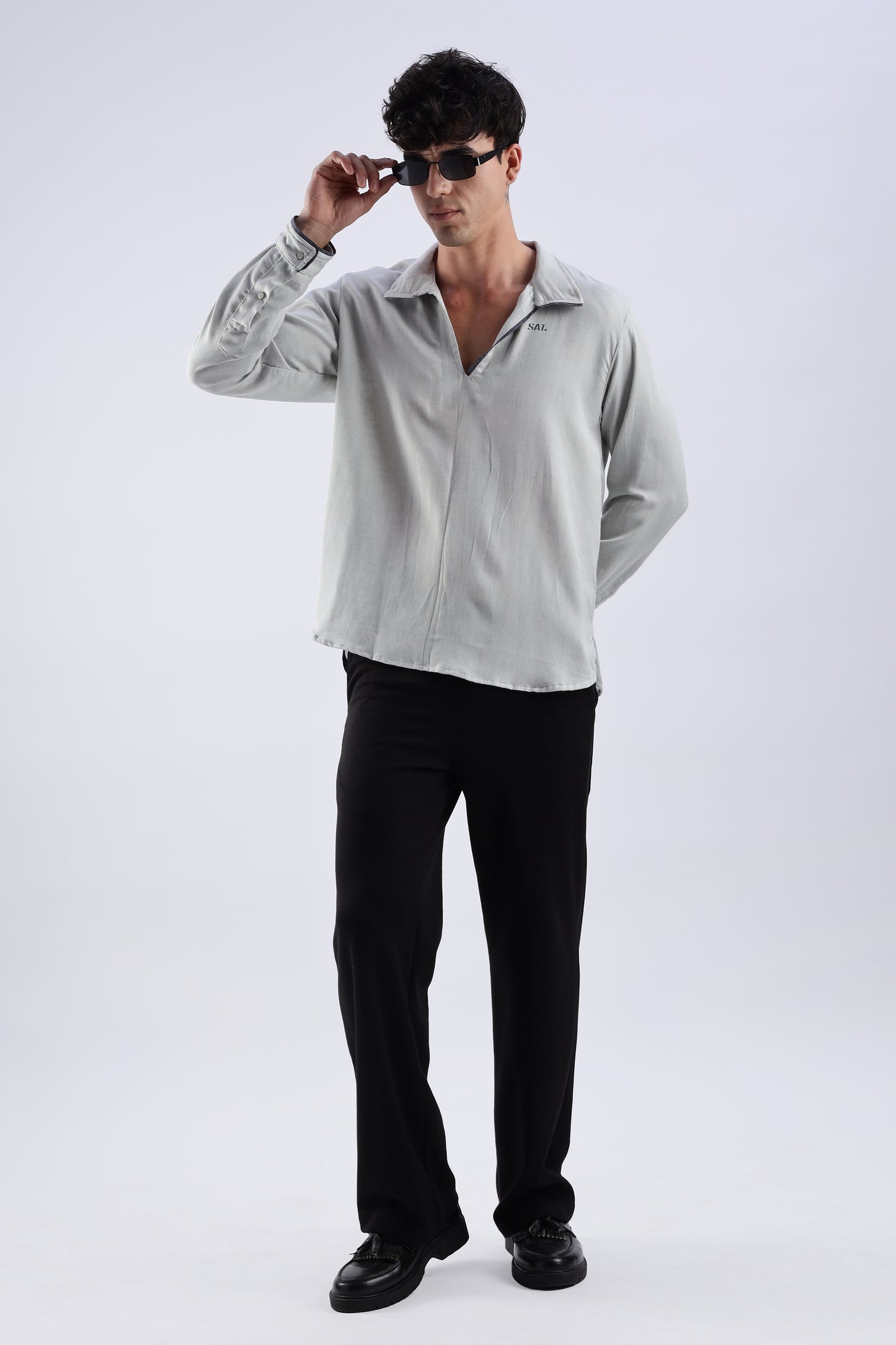 Flowy V Neck wind Shirt 'Light Grey'