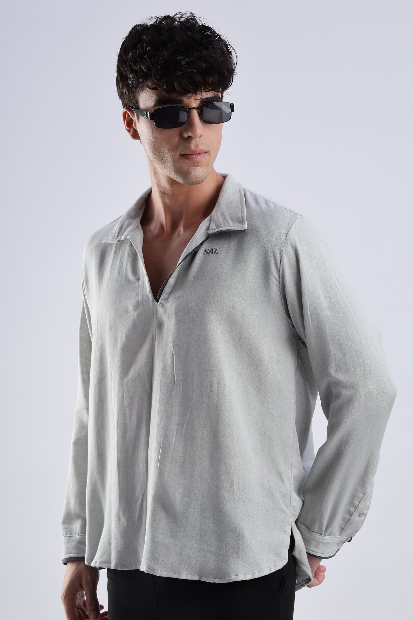 Flowy V Neck wind Shirt 'Light Grey'