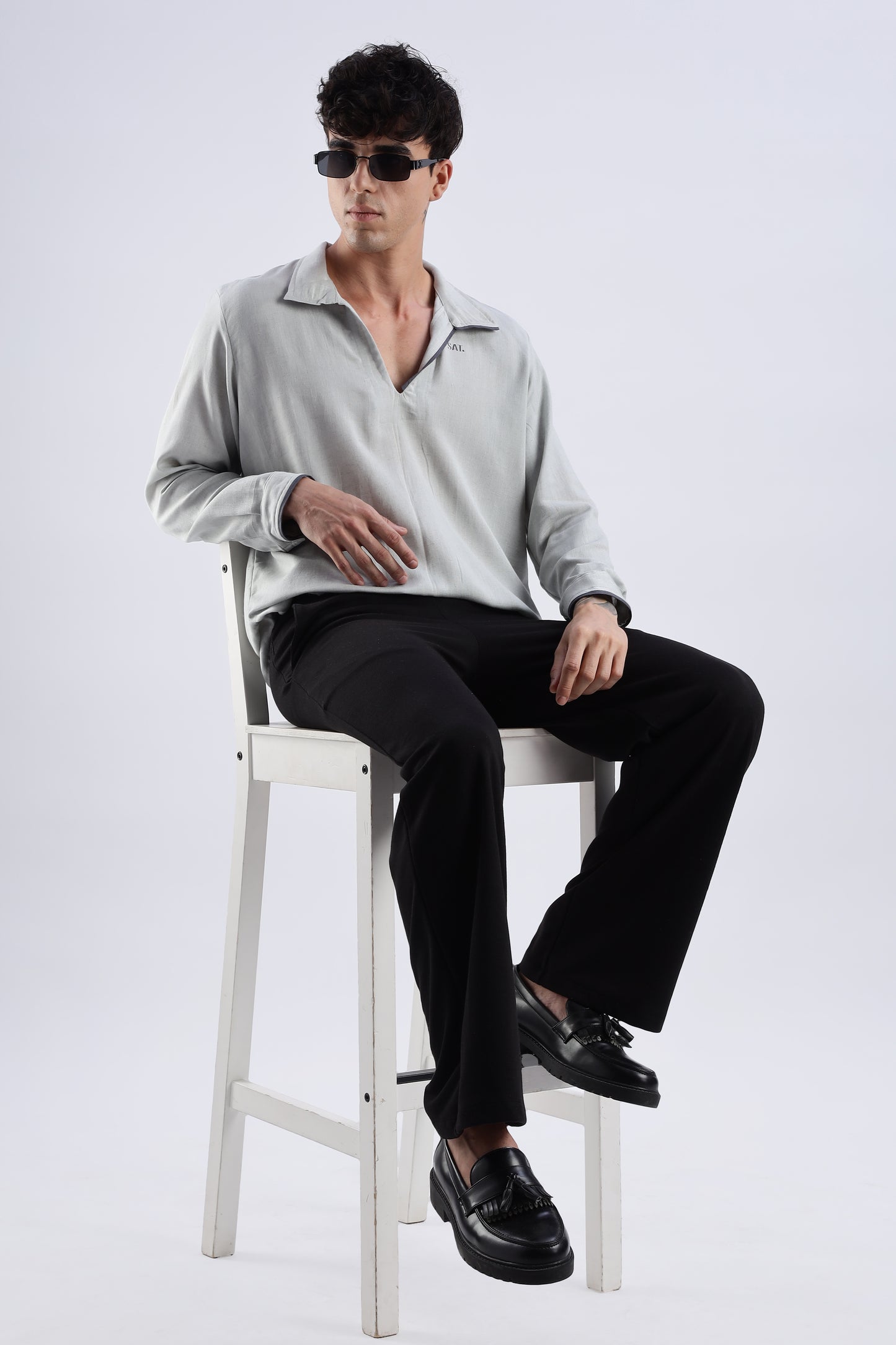 Flowy V Neck wind Shirt 'Light Grey'