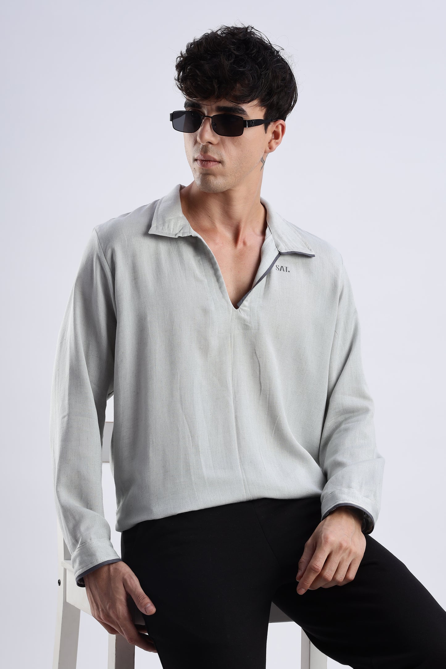 Flowy V Neck wind Shirt 'Light Grey'