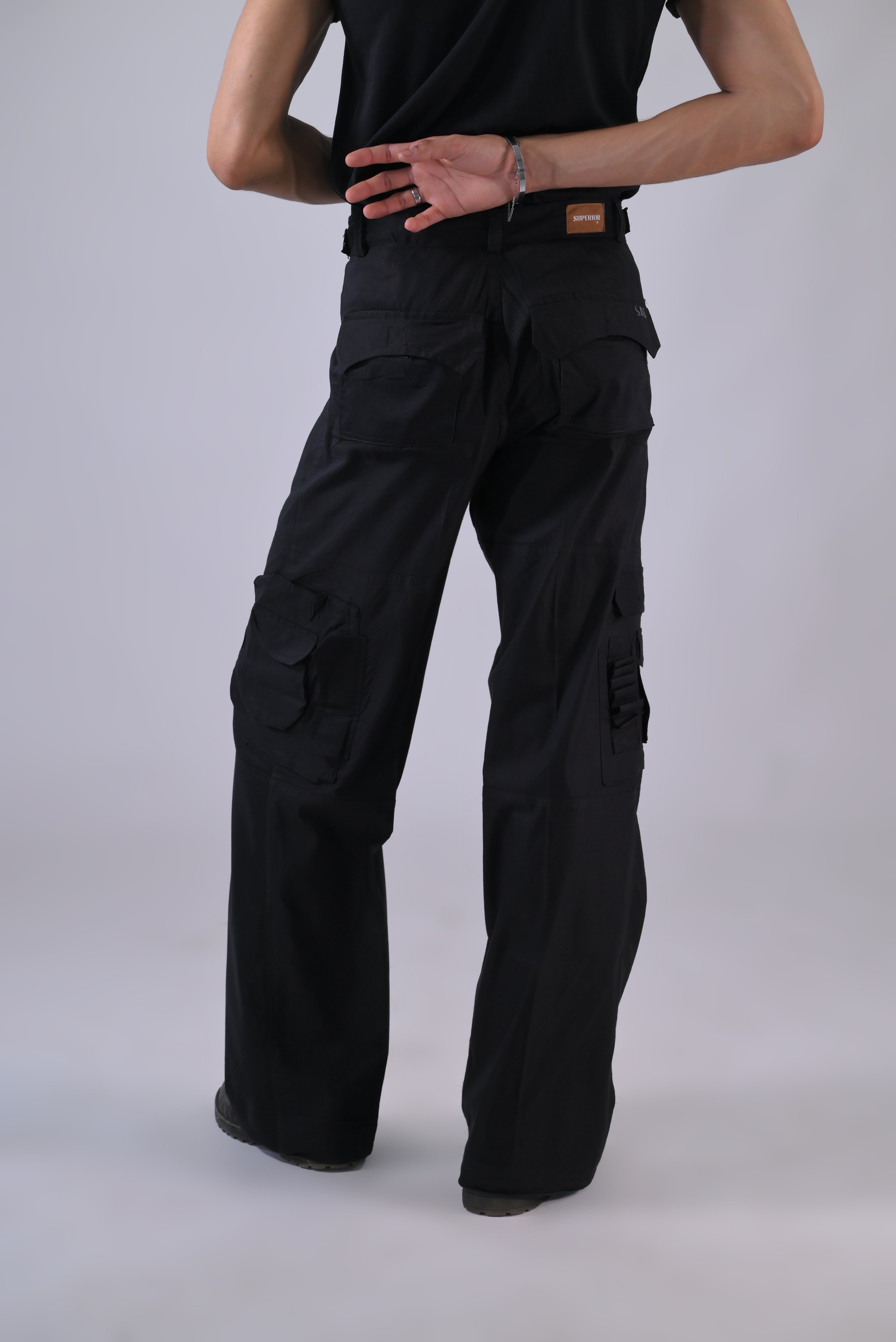 ★TRILLION★ Cotton Fertig Work Cargo Wide Pants BLACK TRSPT FEDTOSING Men's Casual Cotton Cargo Pants, Elastic Waist